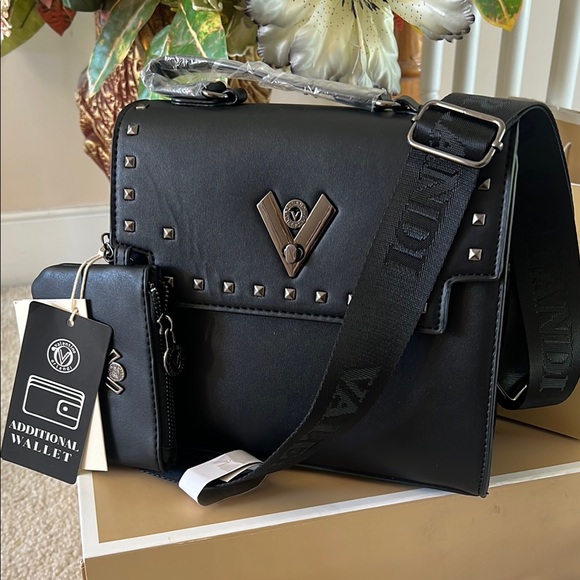 Black Messenger Bag with Silver Studs and Adjustable Strap - Picture 1 of 12